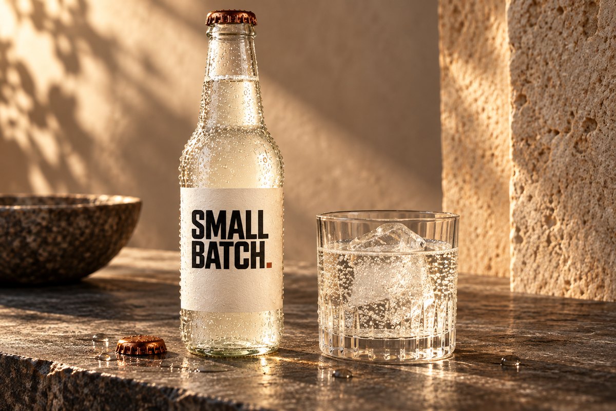 Chilled Small Batch craft soda bottle with branded label and condensation beside a rocks glass with ice and sparkling bubbles on a dark stone counter in warm natural light