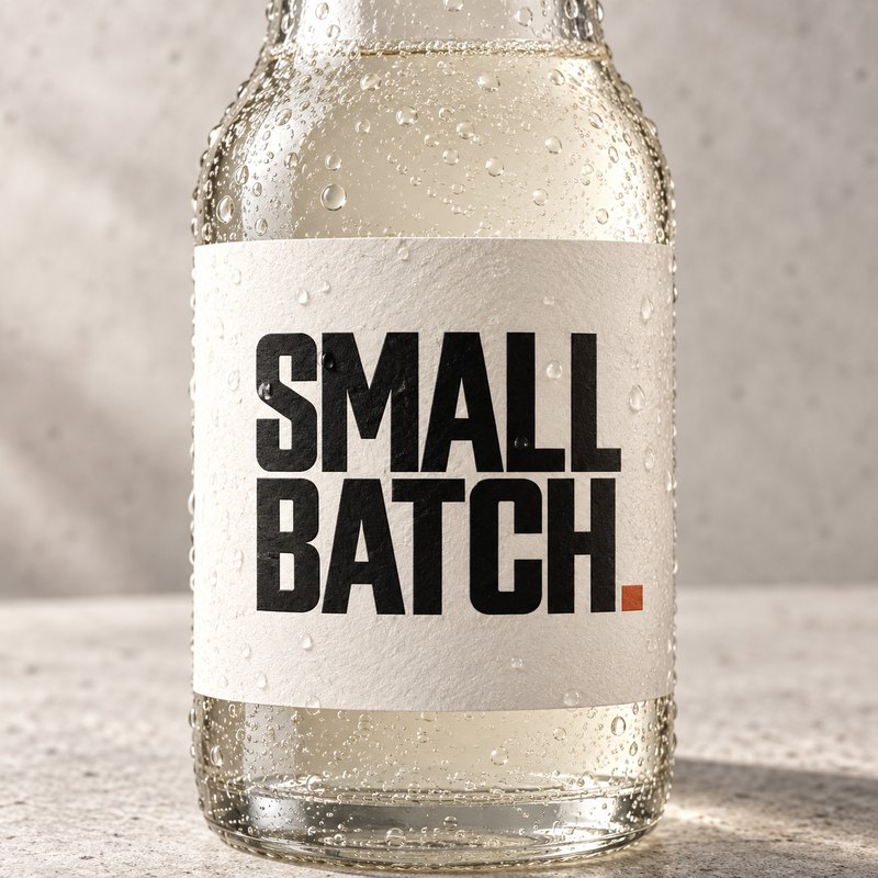 Close-up of textured Small Batch bottle label with tactile typography and fine condensation beads
